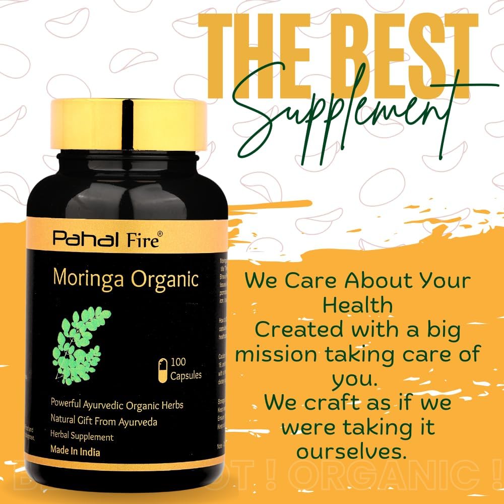 Organic Moringa Herbal Supplement 500mg Capsules - Antioxidant & Multivitamin Support - Wild Harvested in India - Lab Tested - 100ct