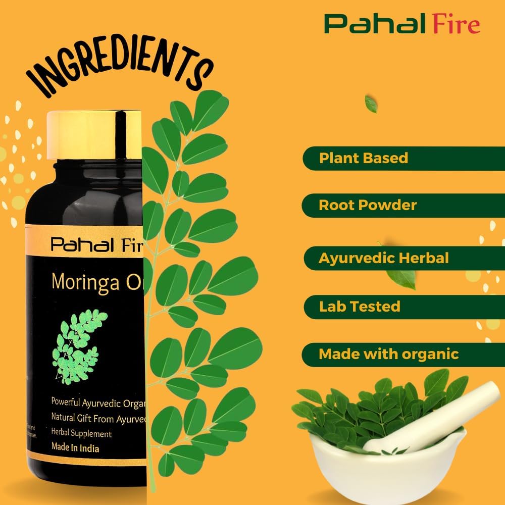 Organic Moringa Herbal Supplement 500mg Capsules - Antioxidant & Multivitamin Support - Wild Harvested in India - Lab Tested - 100ct