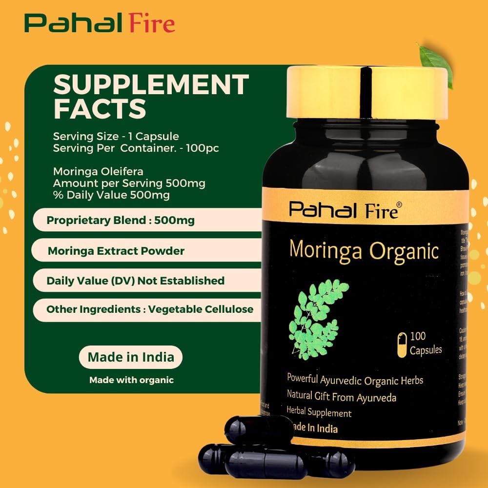 Organic Moringa Herbal Supplement 500mg Capsules - Antioxidant & Multivitamin Support - Wild Harvested in India - Lab Tested - 100ct