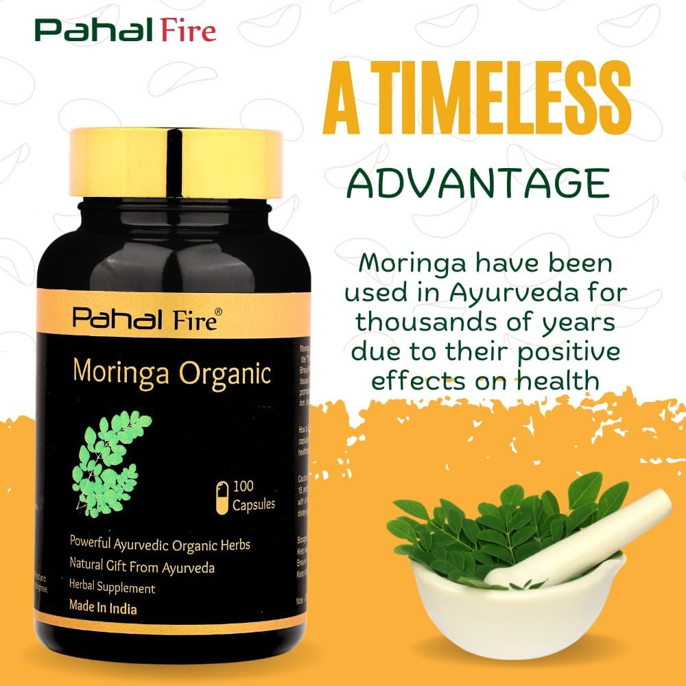 Organic Moringa Herbal Supplement 500mg Capsules - Antioxidant & Multivitamin Support - Wild Harvested in India - Lab Tested - 100ct