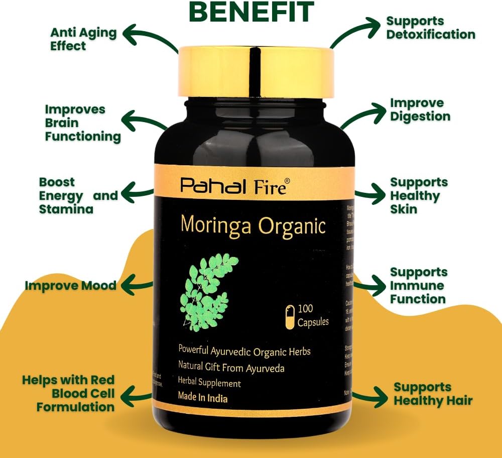 Organic Moringa Herbal Supplement 500mg Capsules - Antioxidant & Multivitamin Support - Wild Harvested in India - Lab Tested - 100ct