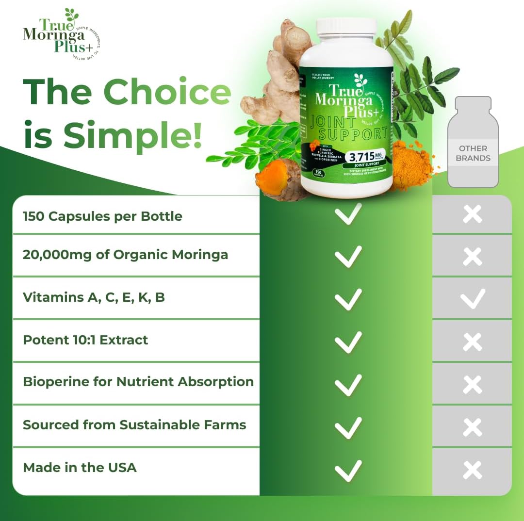 Organic Moringa Joint Support Supplement with Turmeric & Ginger | 20,000mg Extract | Extra Strength Antioxidant for Adults | 150 Capsules - BoostGo Australia