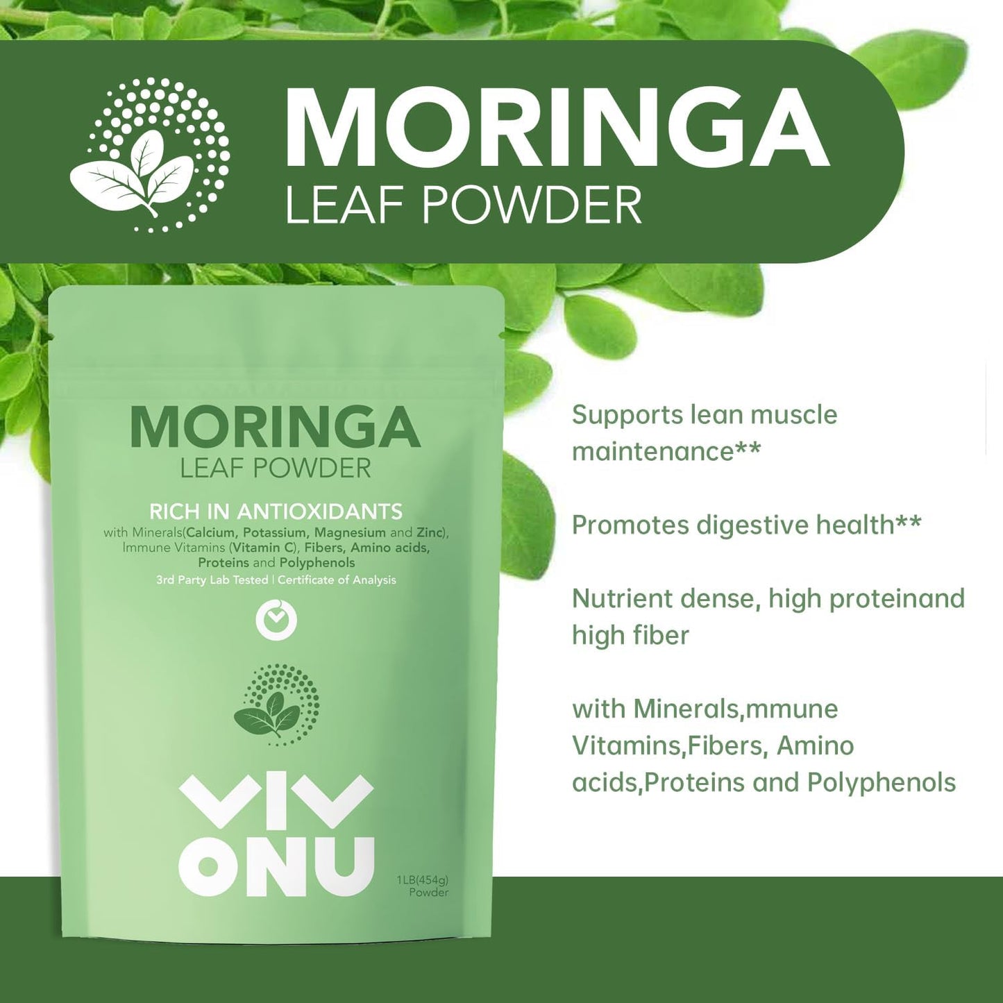 Organic Moringa Oleifera Leaf Powder - Non-GMO Superfood for Smoothies, Drinks, Tea, Recipes - Vegan - High Quality