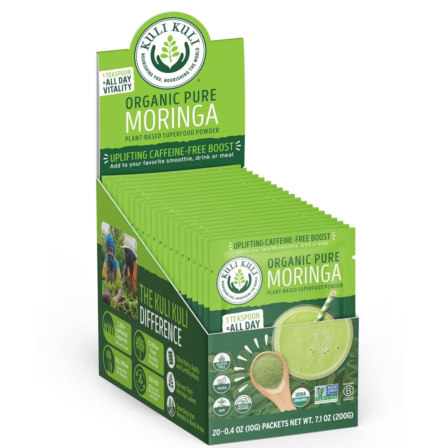 Organic Moringa Oleifera Leaf Powder for Smoothies & Tea, USDA Certified & Non-GMO, 0.4oz Pack of 20 - Kuli Kuli Moringa Powder