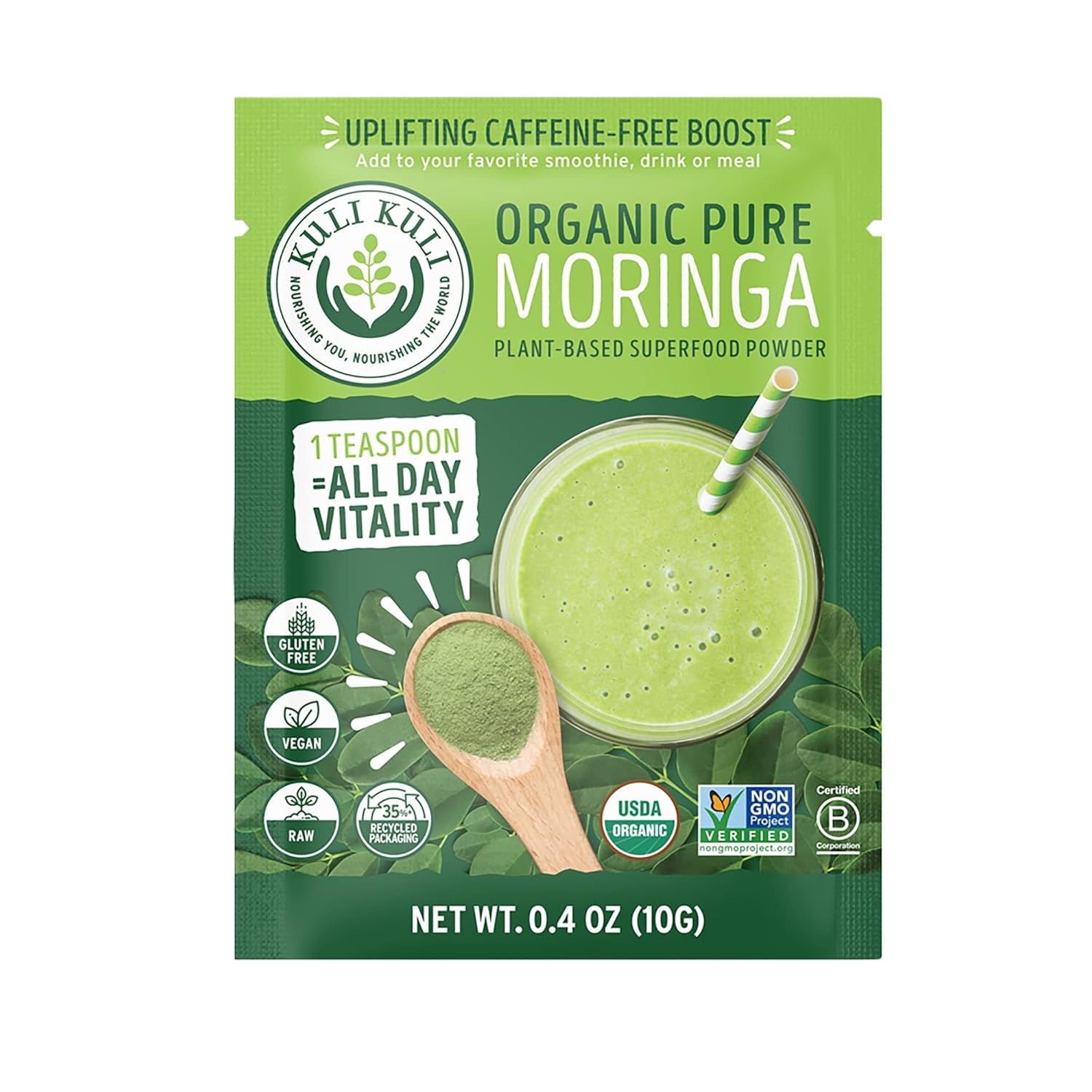 Organic Moringa Oleifera Leaf Powder for Smoothies & Tea, USDA Certified & Non-GMO, 0.4oz Pack of 20 - Kuli Kuli Moringa Powder