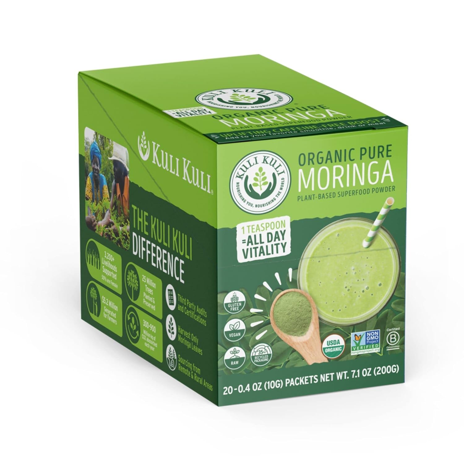 Organic Moringa Oleifera Leaf Powder for Smoothies & Tea, USDA Certified & Non-GMO, 0.4oz Pack of 20 - Kuli Kuli Moringa Powder