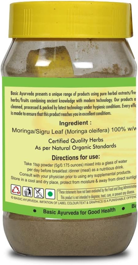 Organic Moringa Powder 7.05 Oz - Natural Source of Vitamin C for Joint Support | Ayurvedic Drumstick Tree Leaves Powder for Tea & Smoothies