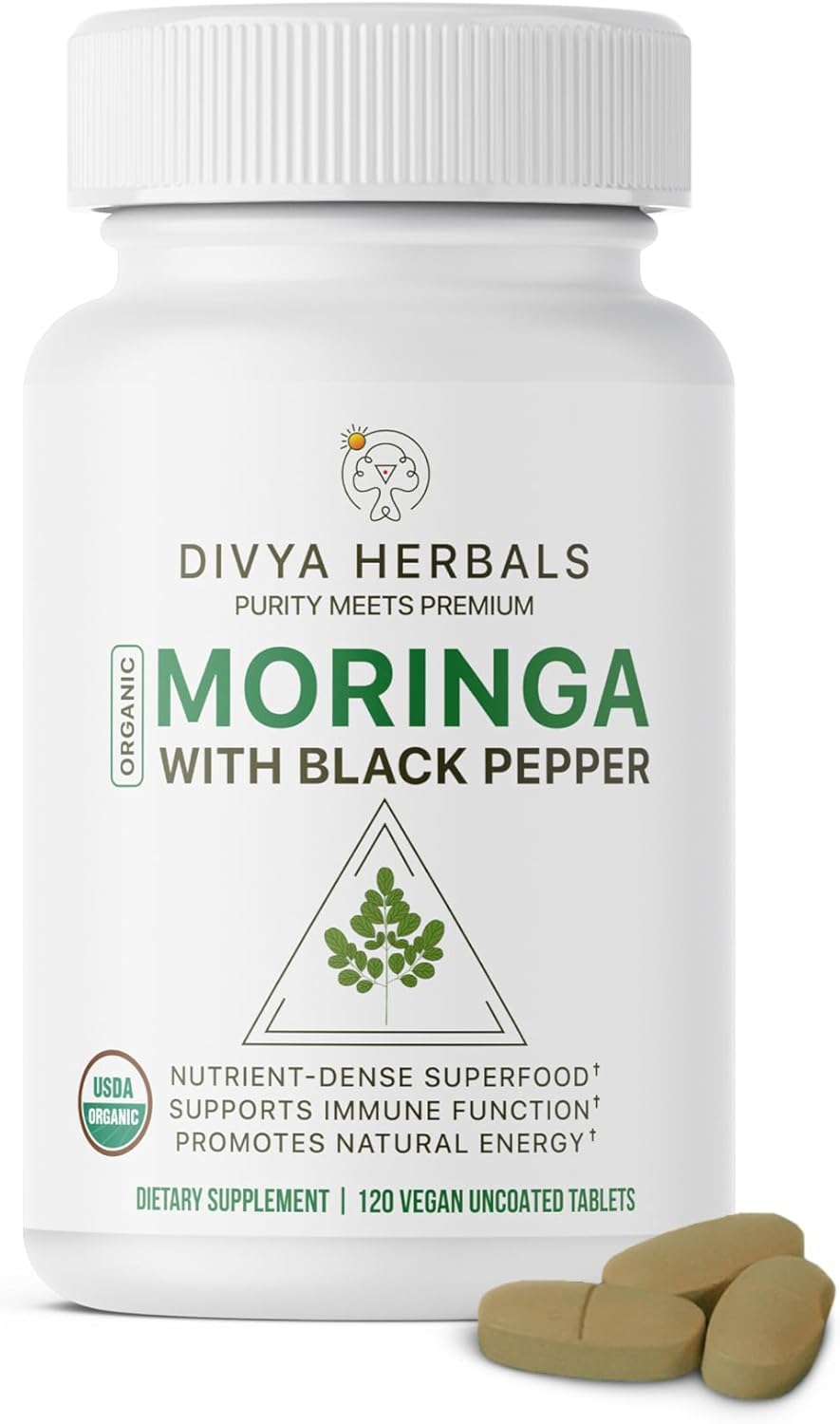 Organic Moringa Supplement with Black Pepper - Boosts Energy, Immunity & Digestion - 120 Vegan Tablets