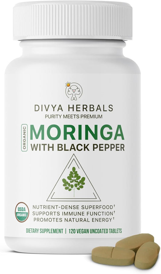 Organic Moringa Supplement with Black Pepper - Boosts Energy, Immunity & Digestion - 120 Vegan Tablets