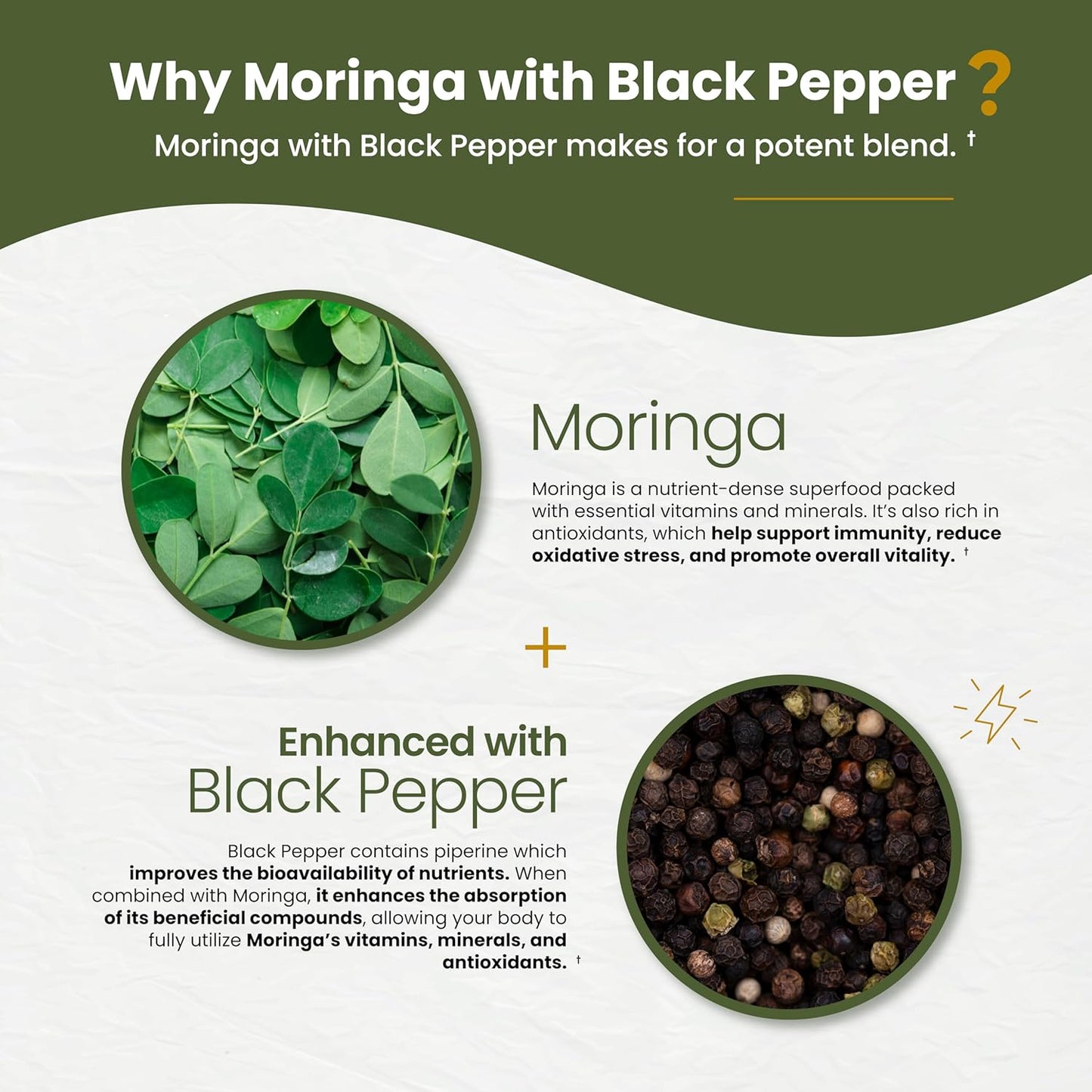 Organic Moringa Supplement with Black Pepper - Boosts Energy, Immunity & Digestion - 120 Vegan Tablets
