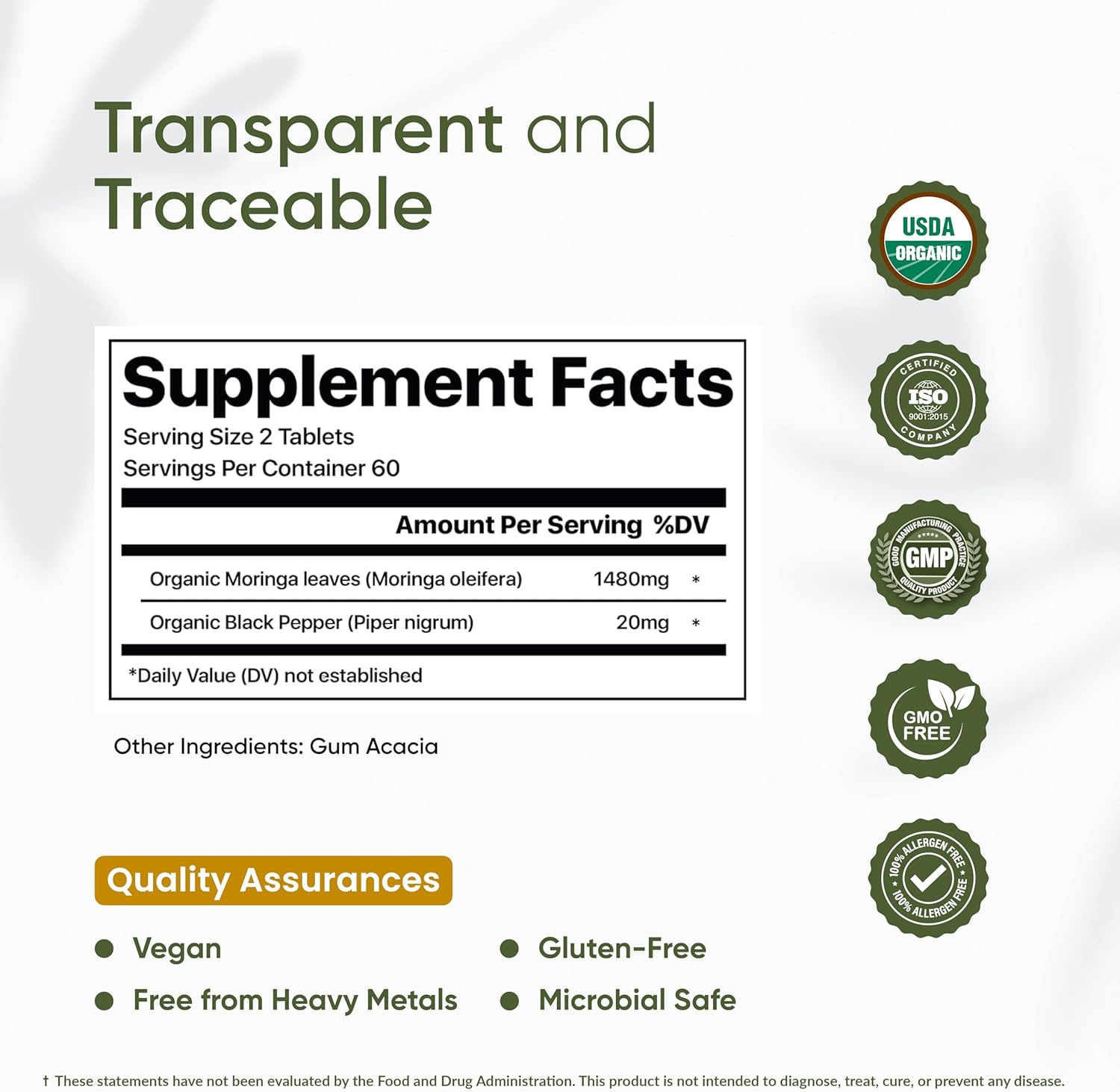 Organic Moringa Supplement with Black Pepper - Boosts Energy, Immunity & Digestion - 120 Vegan Tablets