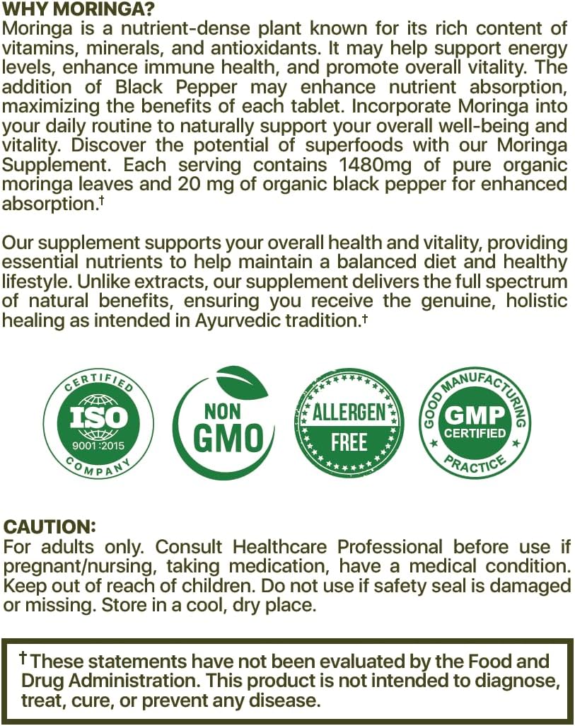 Organic Moringa Supplement with Black Pepper - Boosts Energy, Immunity & Digestion - 120 Vegan Tablets