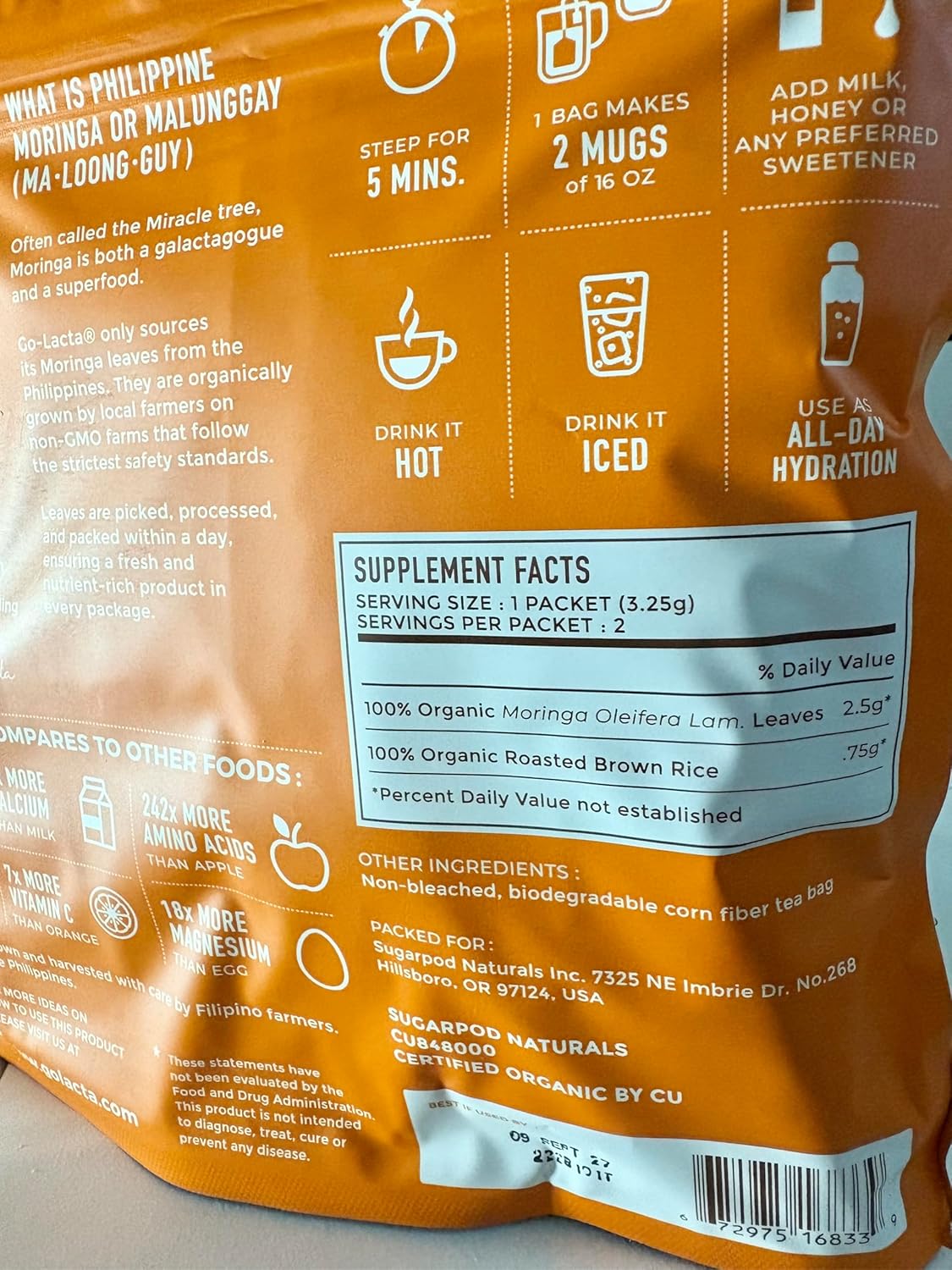 Organic Moringa Tea for Breastfeeding Moms - Boost Milk Supply & Hydration - 16 Bags, 32 Servings