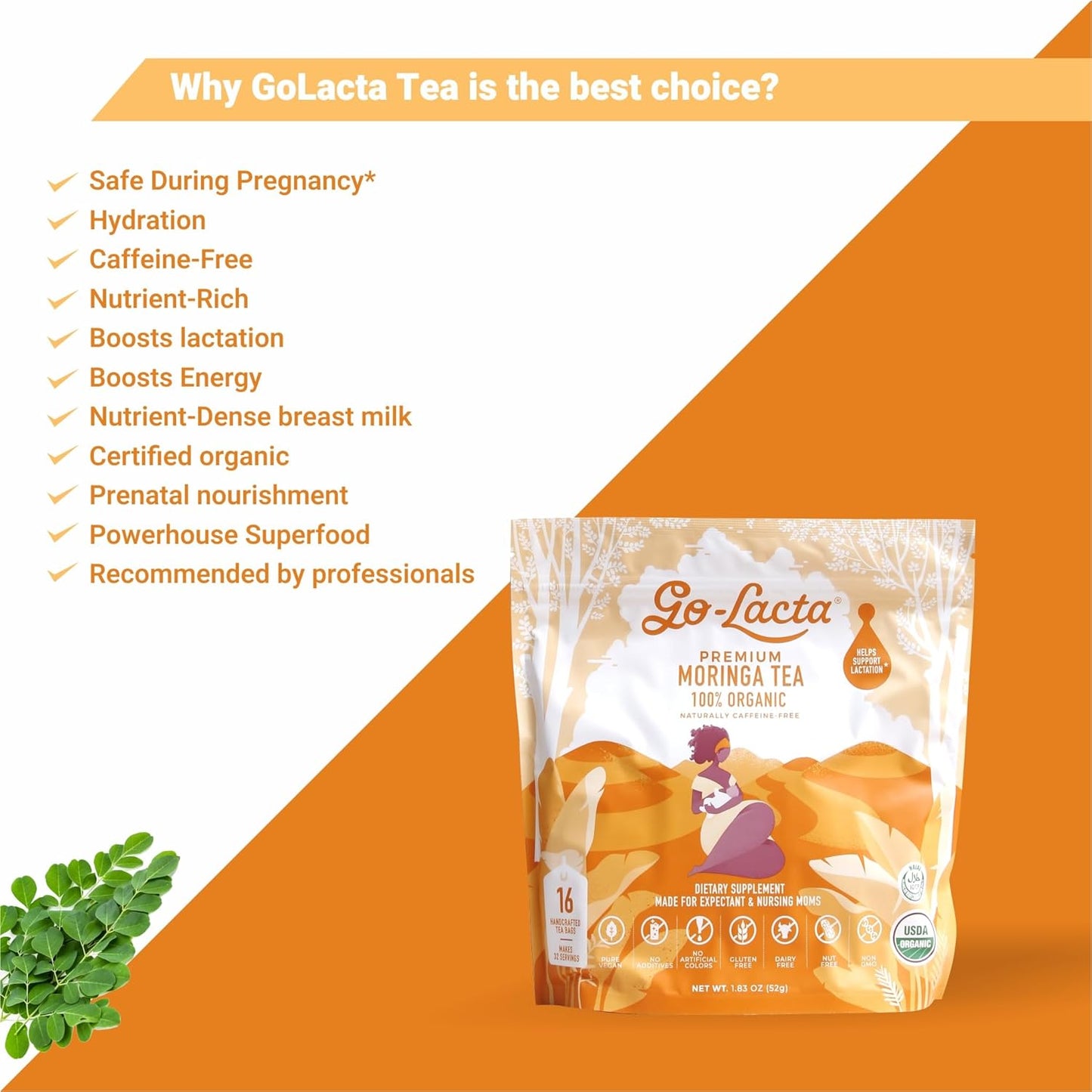 Organic Moringa Tea for Breastfeeding Moms - Boost Milk Supply & Hydration - 16 Bags, 32 Servings