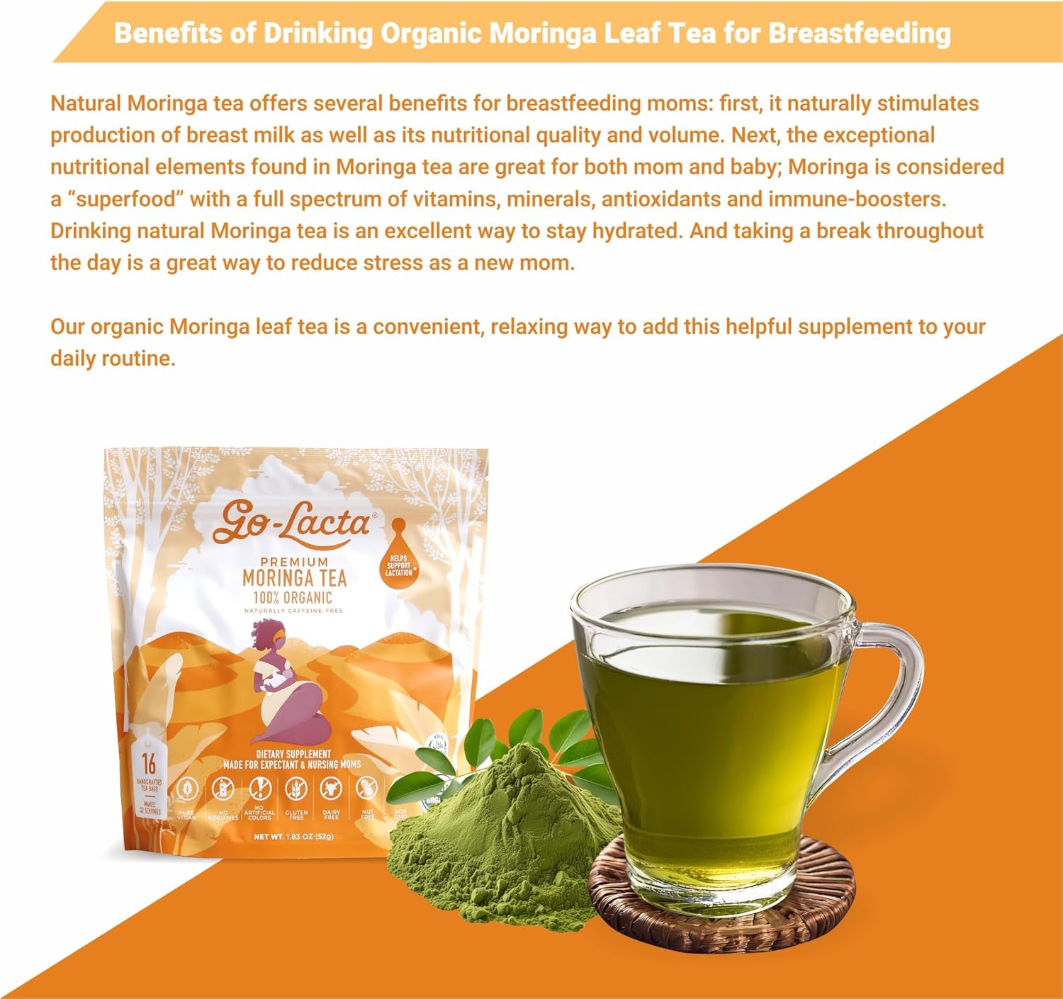 Organic Moringa Tea for Breastfeeding Moms - Boost Milk Supply & Hydration - 16 Bags, 32 Servings