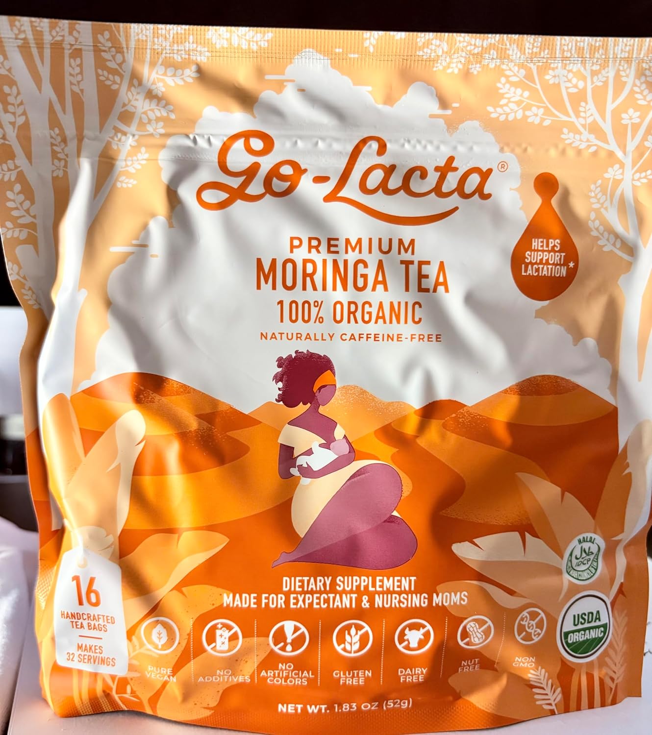 Organic Moringa Tea for Breastfeeding Moms - Boost Milk Supply & Hydration - 16 Bags, 32 Servings
