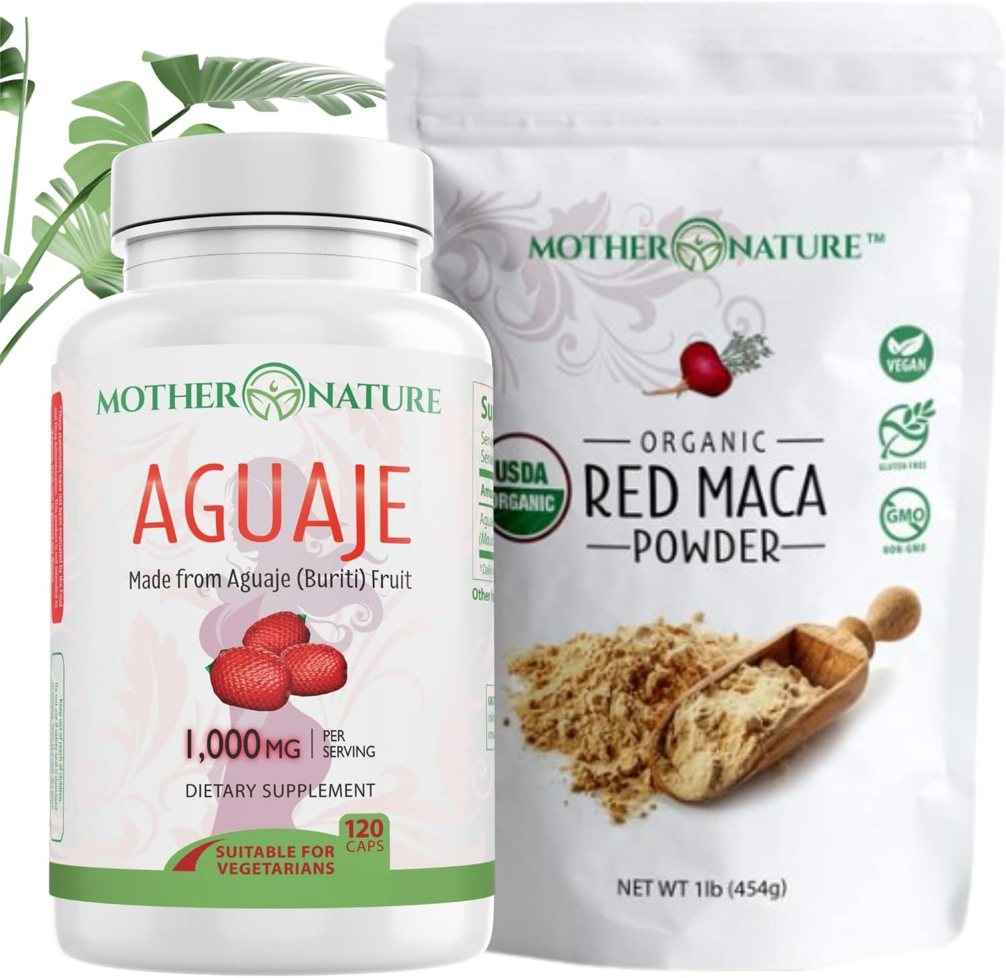 Organic Mother Nature Superfood Bundle: Aguaje & Red Maca for Healthy Hair & Skin - Rich in Vitamins & Minerals - Non-GMO & Organic - Boost Wellness
