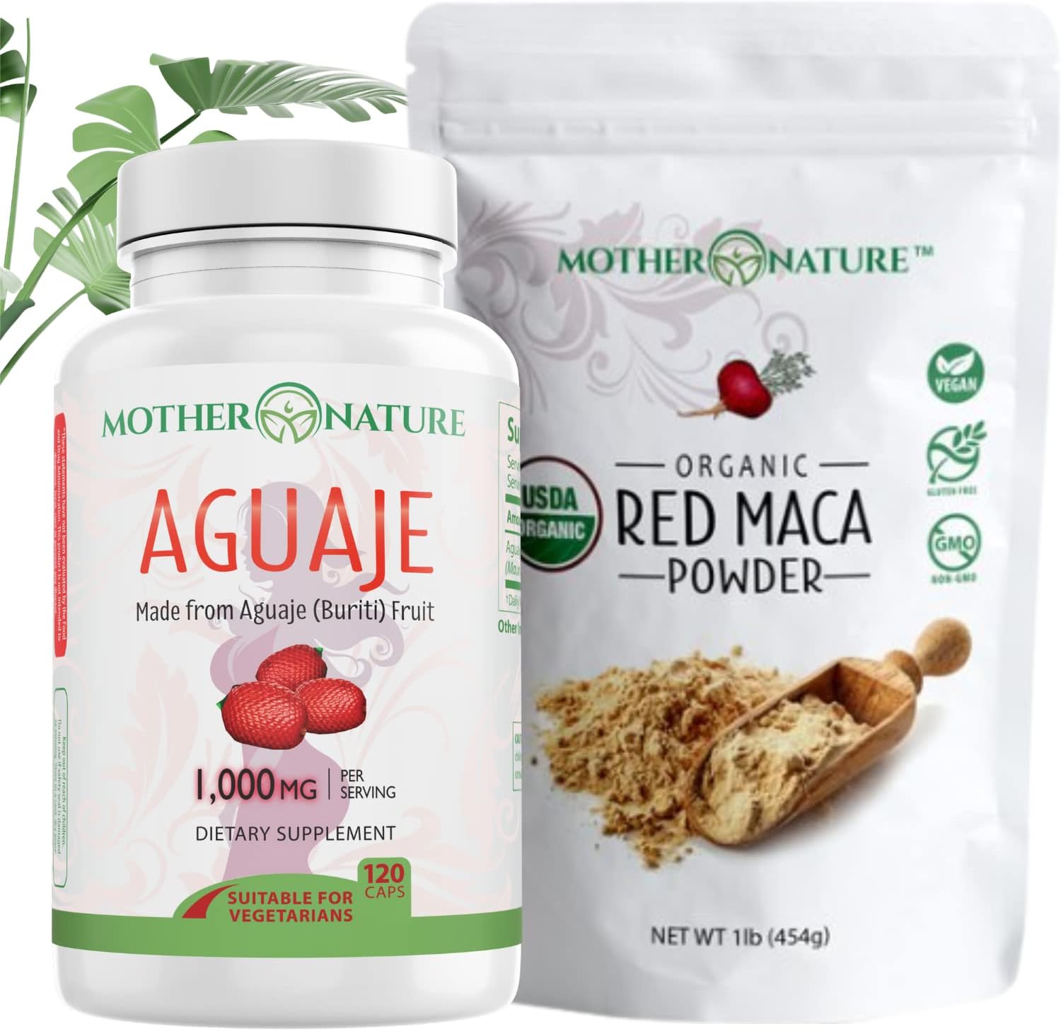 Organic Mother Nature Superfood Bundle: Aguaje & Red Maca for Healthy Hair & Skin - Rich in Vitamins & Minerals - Non-GMO & Organic - Boost Wellness