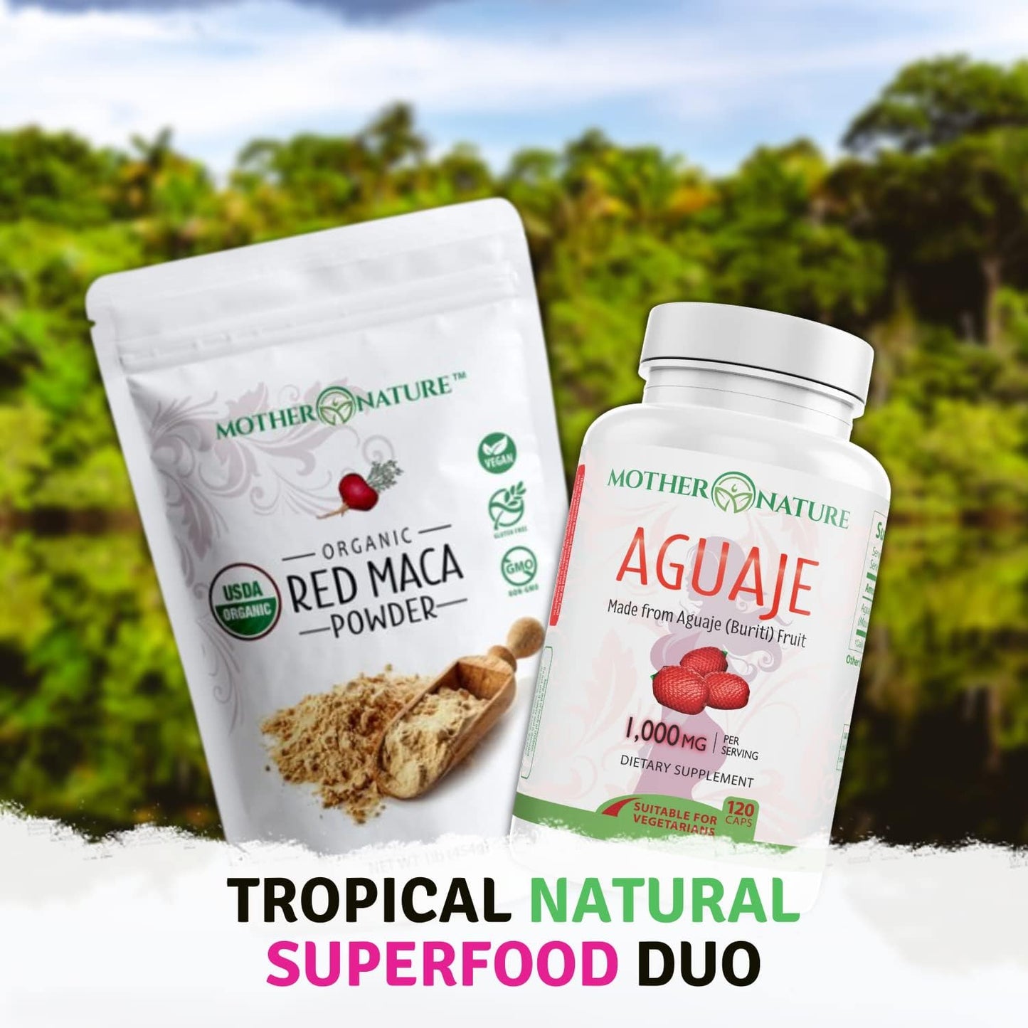 Organic Mother Nature Superfood Bundle: Aguaje & Red Maca for Healthy Hair & Skin - Rich in Vitamins & Minerals - Non-GMO & Organic - Boost Wellness
