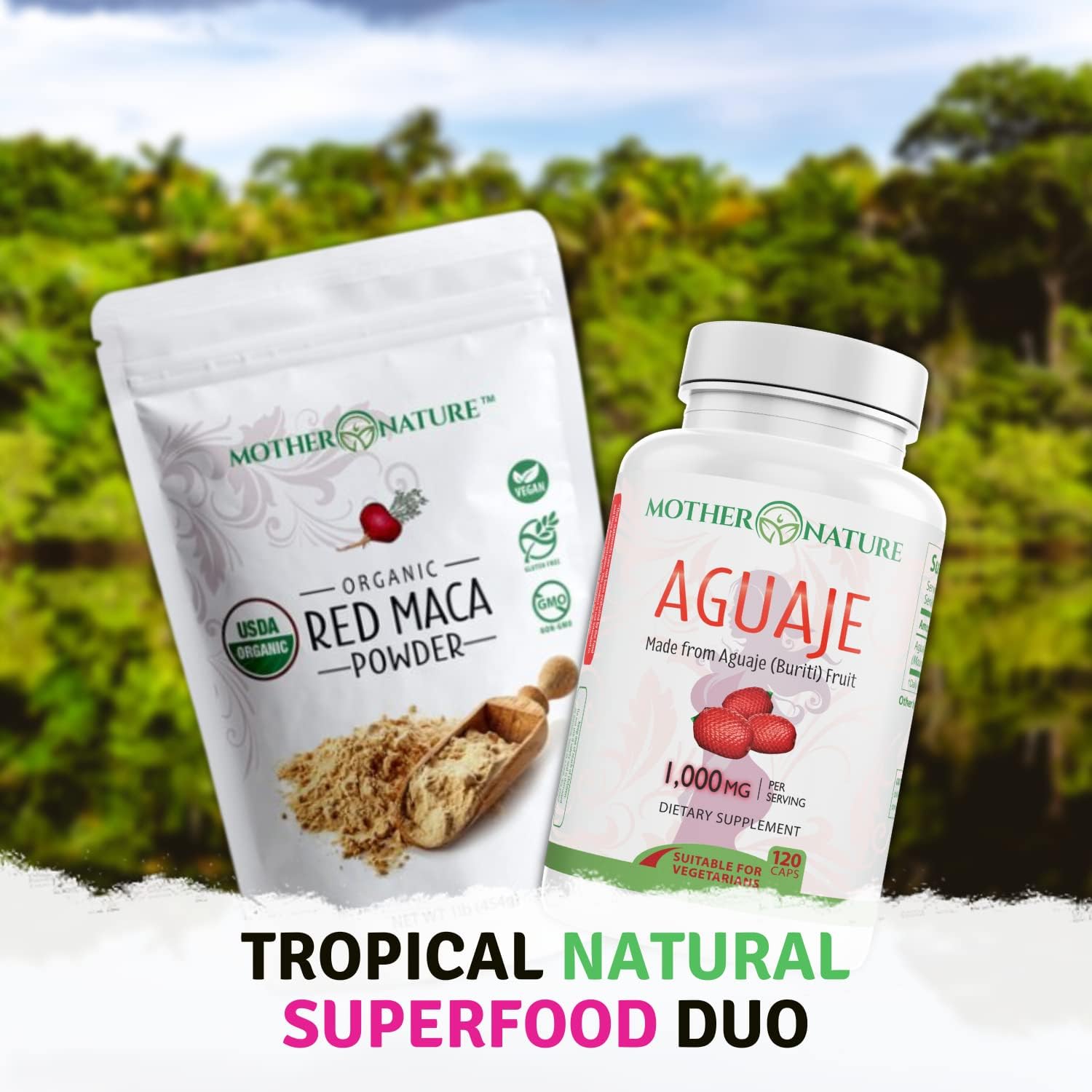Organic Mother Nature Superfood Bundle: Aguaje & Red Maca for Healthy Hair & Skin - Rich in Vitamins & Minerals - Non-GMO & Organic - Boost Wellness