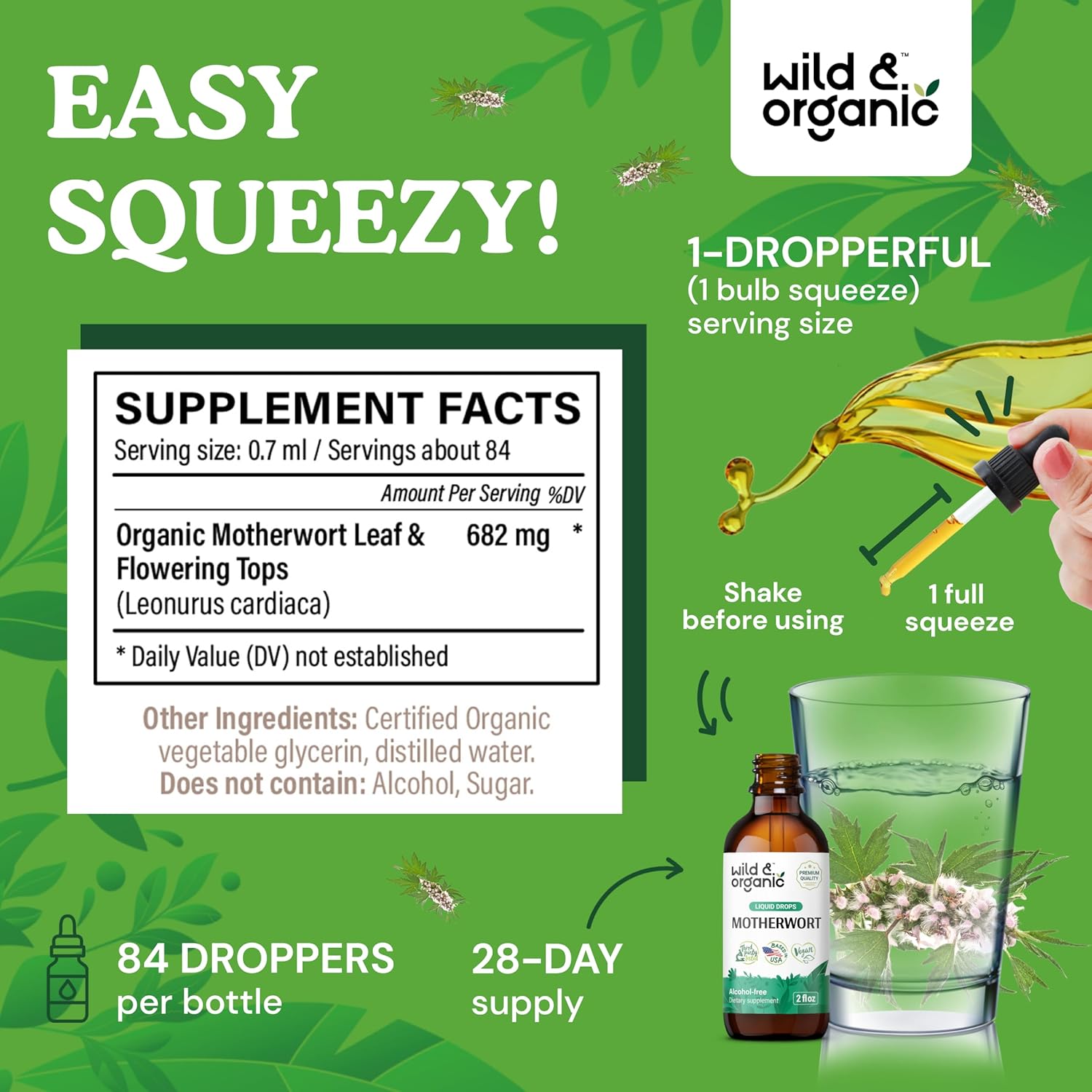 Organic Motherwort Tincture for Women - Mood & Calm Support - Herb Extract Drops - Vegan & Alcohol-Free - 2 fl oz