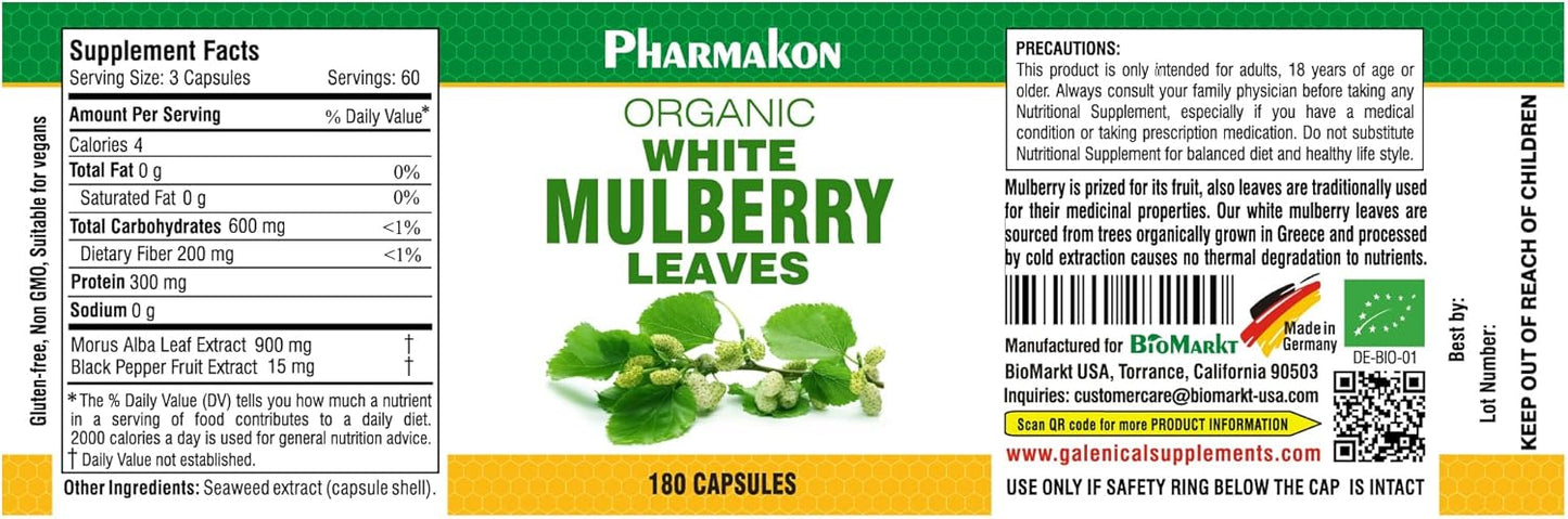 Organic Mulberry Leaf Extract - Wholesome and Potent Raw Supplement (180 Capsules)
