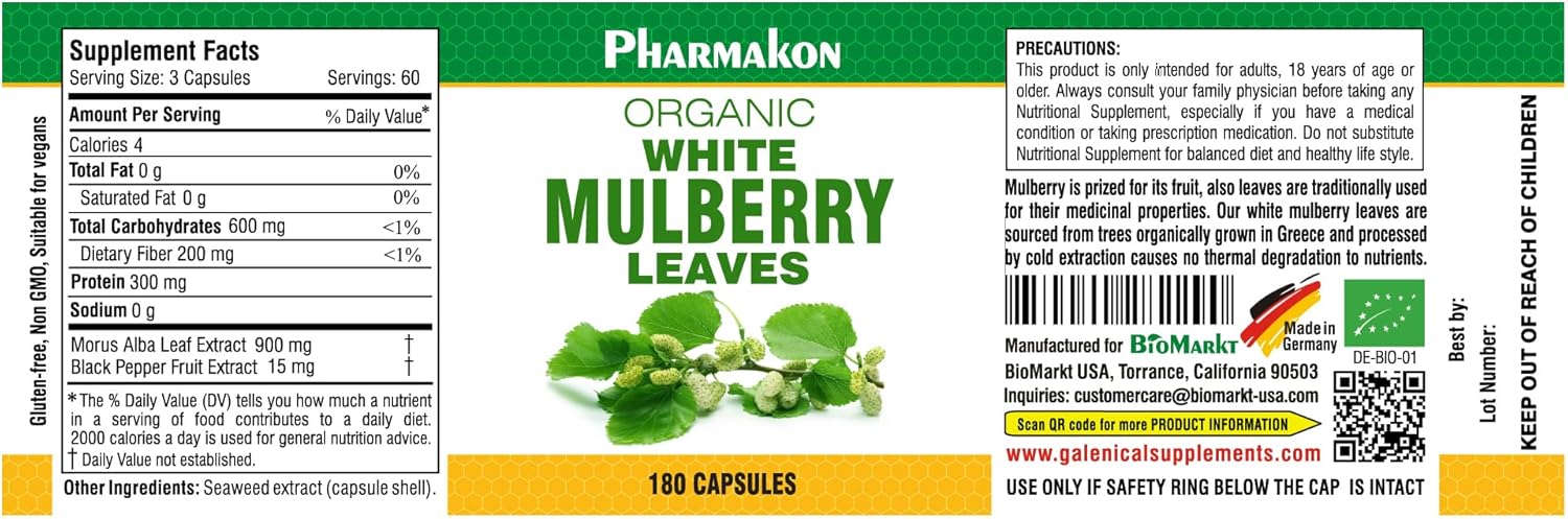 Organic Mulberry Leaf Extract - Wholesome and Potent Raw Supplement (180 Capsules)