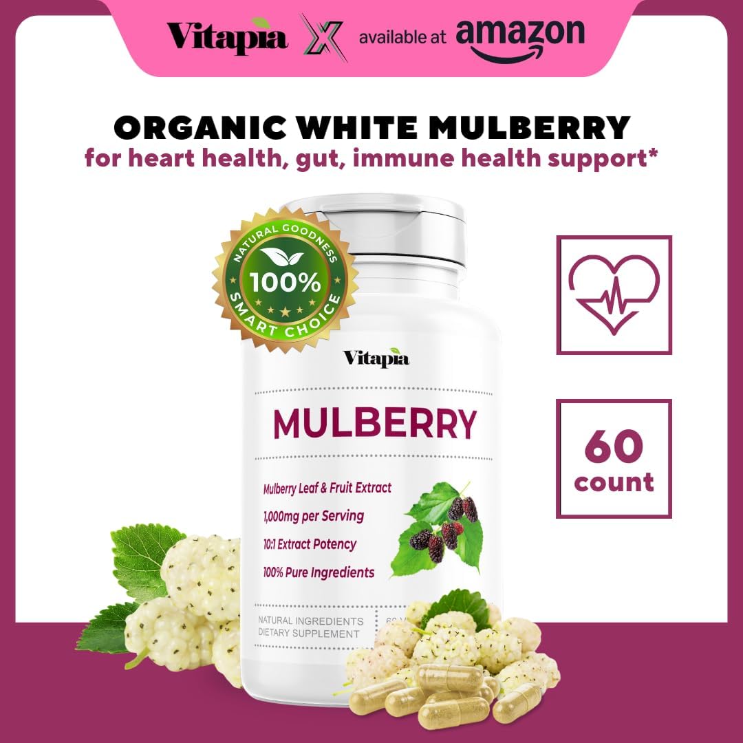 Organic Mulberry Leaf & Fruit Extract Capsules - Supports Gut & Heart Health, Antioxidant - 10:1 Ratio, 60 Veggie Caps - Non-GMO, Gluten-Free, Vegan