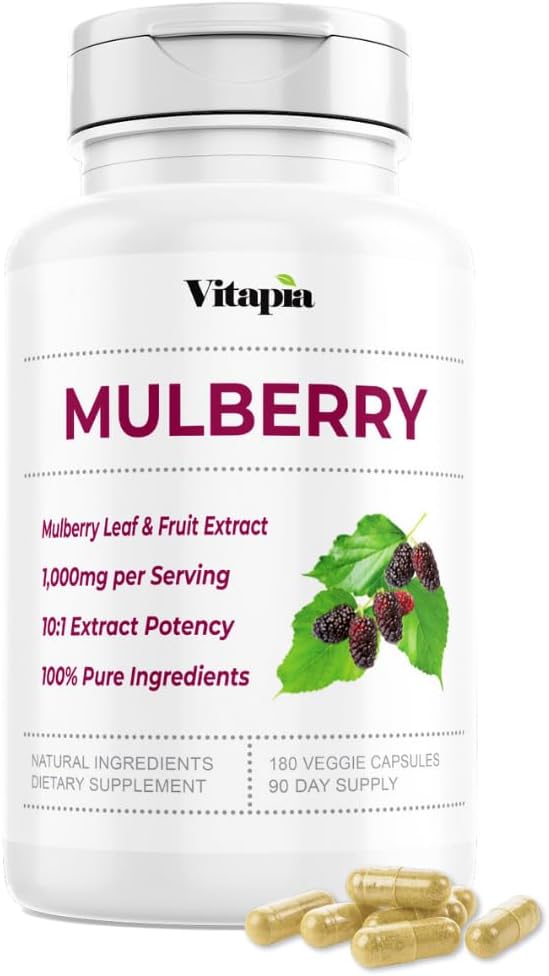 Organic Mulberry Leaf & Fruit Extract Capsules for Gut & Heart Health - 10:1 Ratio, 180 Veggie Caps - Non-GMO, Gluten-Free, Vegan