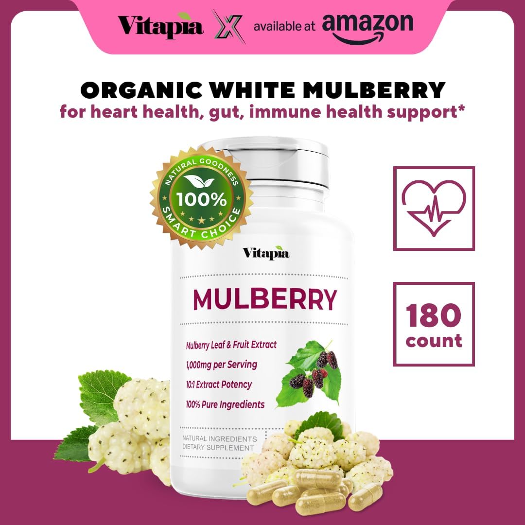 Organic Mulberry Leaf & Fruit Extract Capsules for Gut & Heart Health - 10:1 Ratio, 180 Veggie Caps - Non-GMO, Gluten-Free, Vegan