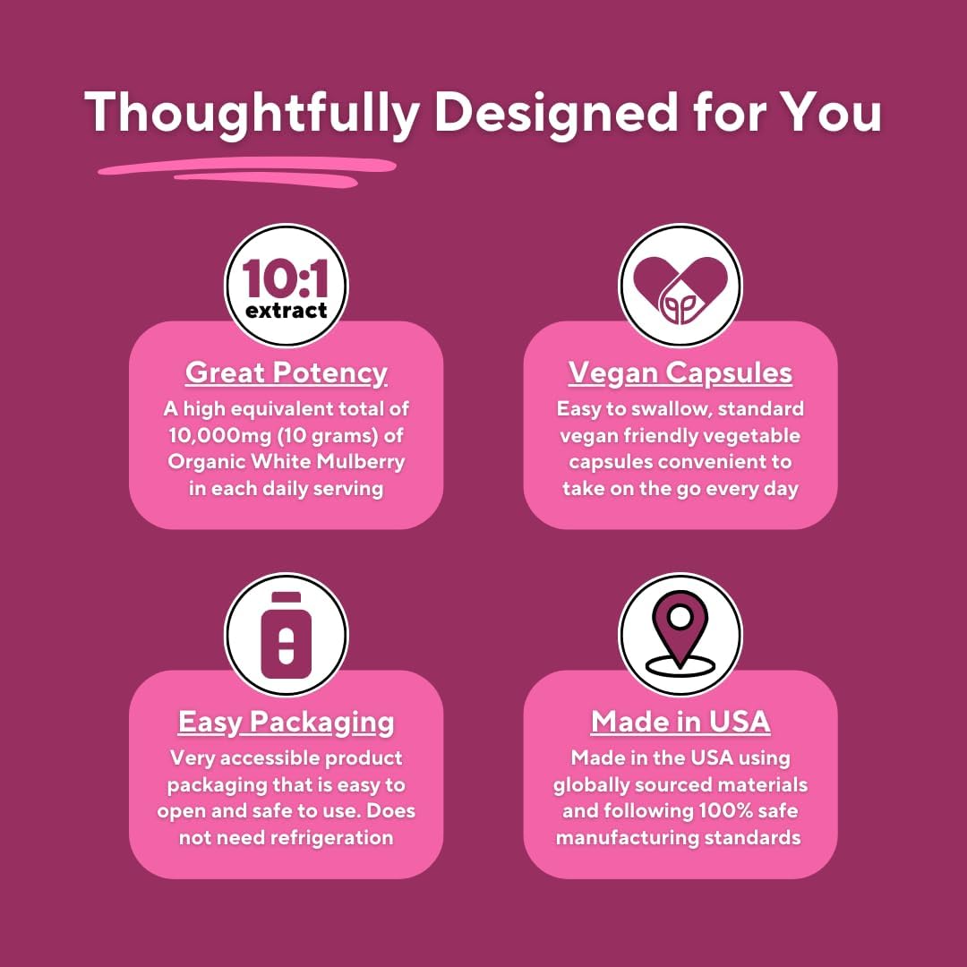Organic Mulberry Leaf & Fruit Extract Capsules for Gut & Heart Health - 10:1 Ratio, 180 Veggie Caps - Non-GMO, Gluten-Free, Vegan