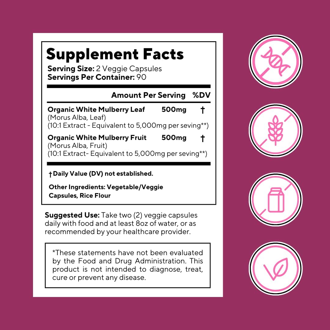 Organic Mulberry Leaf & Fruit Extract Capsules for Gut & Heart Health - 10:1 Ratio, 180 Veggie Caps - Non-GMO, Gluten-Free, Vegan