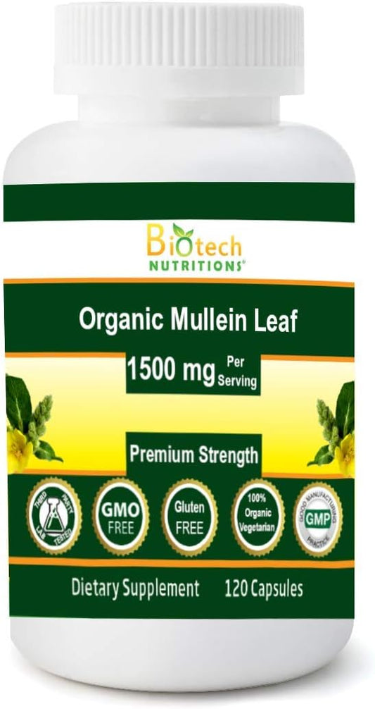 Organic Mullein Leaf 1500mg Capsules - 120 Vegetarian Capsules - USA Made Biotech Nutrition