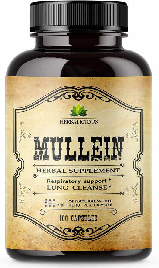Organic Mullein Leaf Capsules - Lung & Digestive Wellness Supplement - Respiratory Support Pills - Vegan Non-GMO Herbal Extract - 100 Capsules
