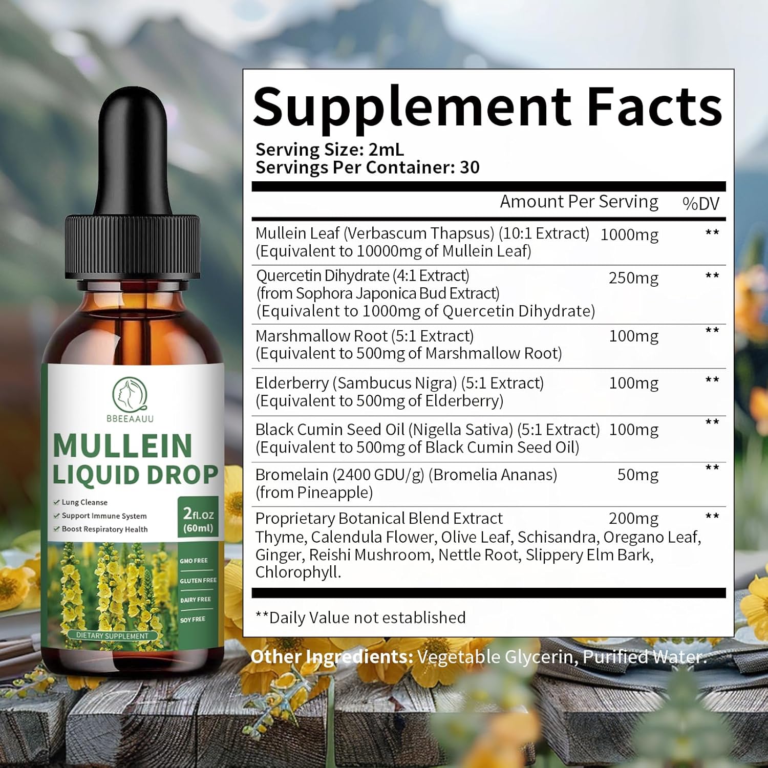 Organic Mullein Leaf Drops with Quercetin & Elderberry for Lung & Immune Support - 1000MG Extract - Non-GMO, Vegan - 2 Fl Oz