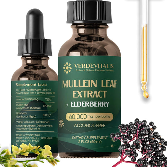 Organic Mullein Leaf & Elderberry Drops for Lung Cleanse - Immune Support Tincture - Herbal Supplement for Detox - 2 Fl Oz