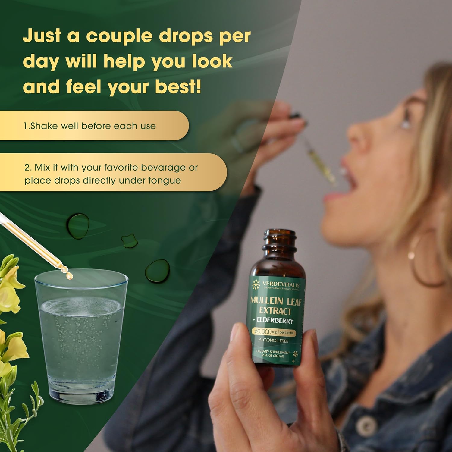 Organic Mullein Leaf & Elderberry Drops for Lung Cleanse - Immune Support Tincture - Herbal Supplement for Detox - 2 Fl Oz