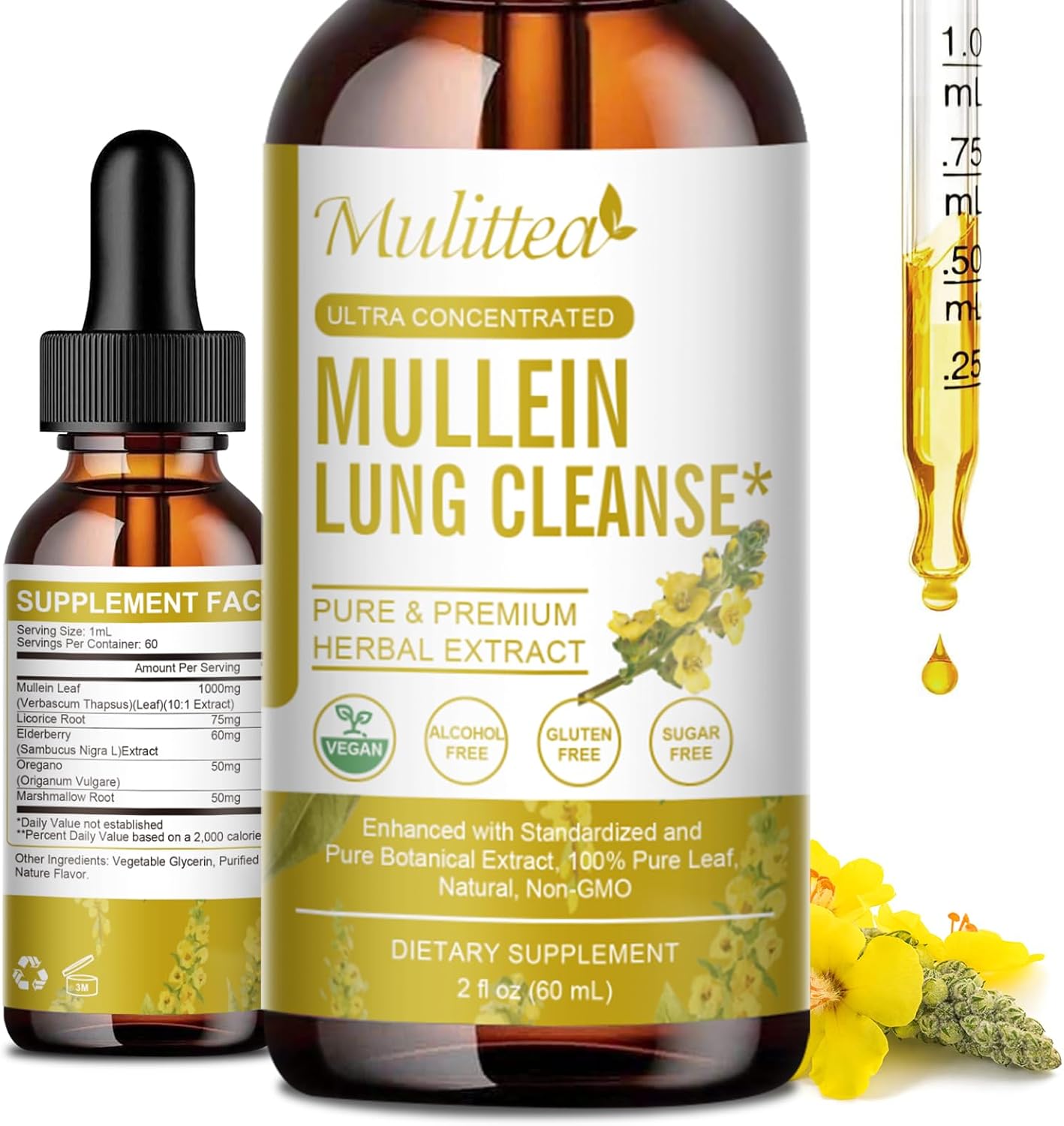 Organic Mullein Leaf Liquid Drops for Lung Health - Herbal Extract Supplement - Non-GMO, Vegan Formula - 4oz Bottle
