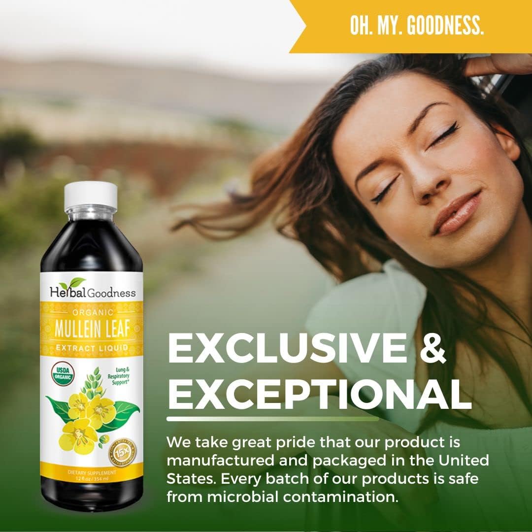 Organic Mullien Leaf Tincture Liquid Extract - Lung & Immune Support - Vegan 12 oz Supplement - Herbal Goodness USA