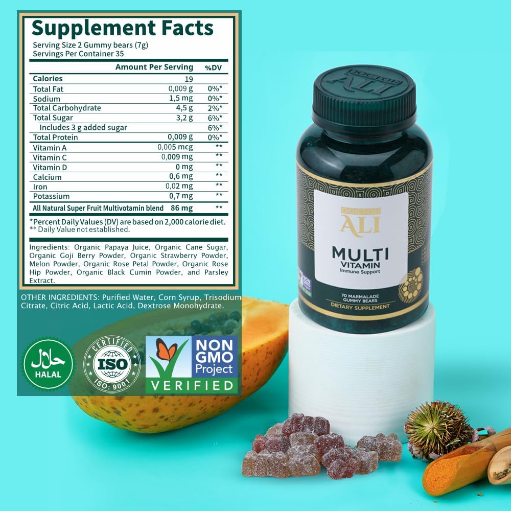 Organic Multivitamin Gummies with Vitamin A, C & Essential Nutrients - Immune, Digestion, Brain & Vision Support - 70 Count