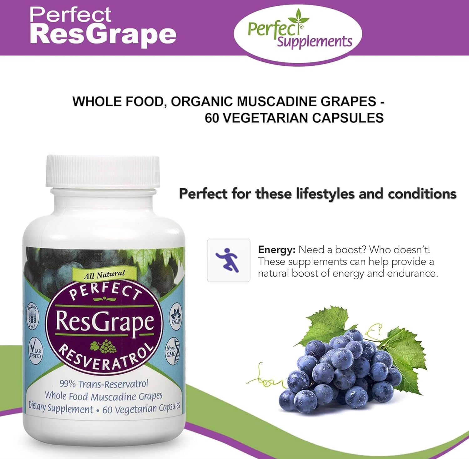 Organic Muscadine Grape Resveratrol Supplement - 60 Veggie Capsules - Trans-Resveratrol Formula by Perfect Supplements