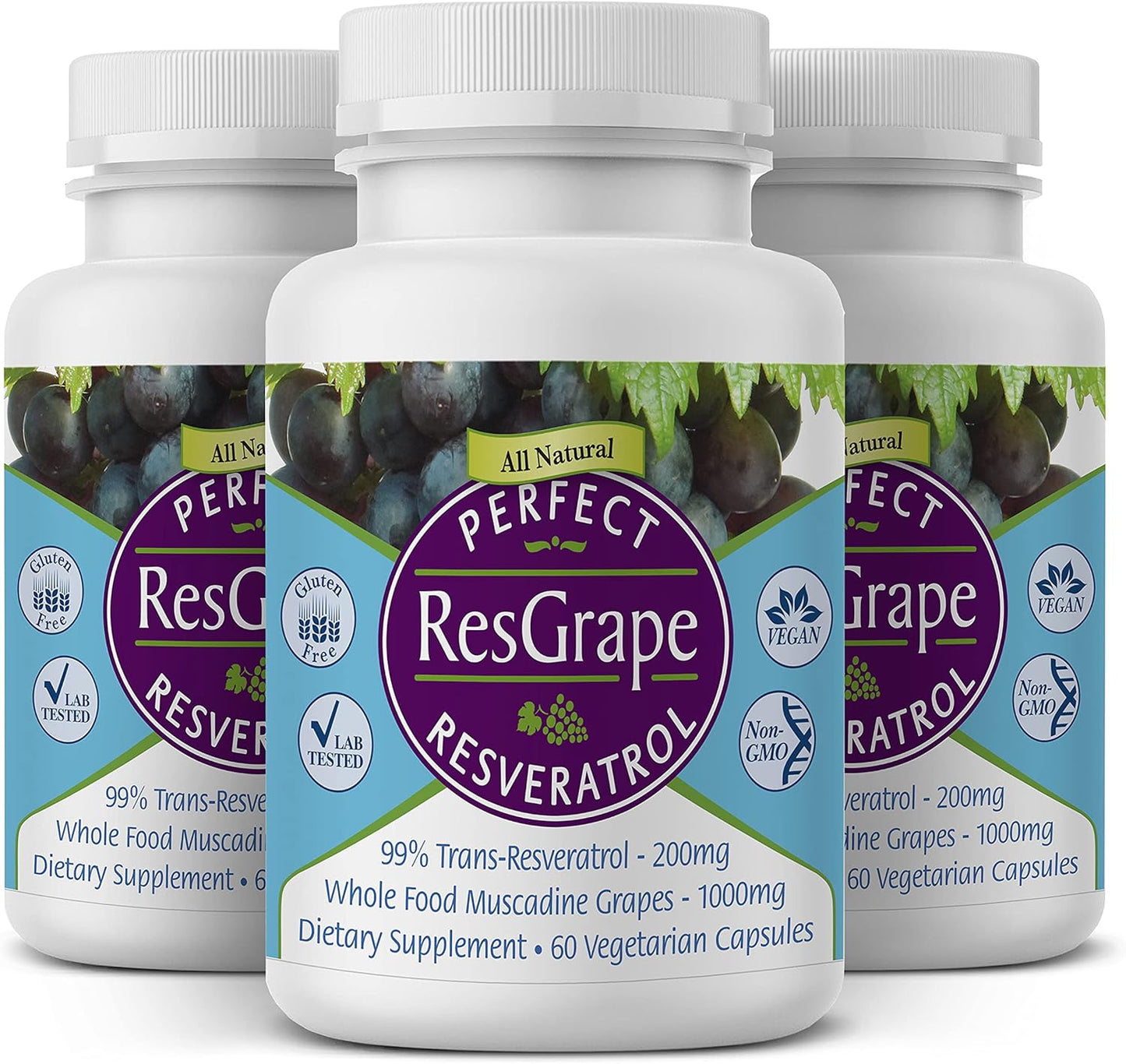Organic Muscadine Grapes Resveratrol Capsules - 3 Pack of Perfect ResGrape - 60 Capsules - Trans-Resveratrol Formula