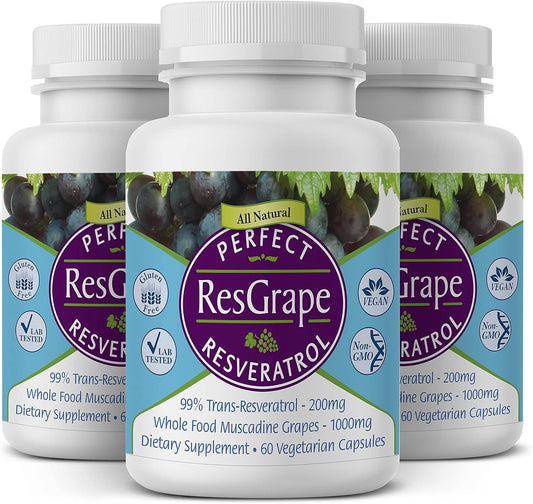 Organic Muscadine Grapes Resveratrol Capsules - 3 Pack of Perfect ResGrape - 60 Capsules - Trans-Resveratrol Formula
