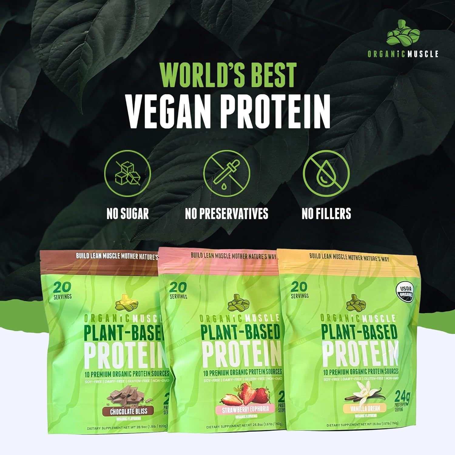 Organic Muscle Vegan Protein Powder - Strawberry Plant Based Protein Blend for Muscle Growth & Recovery - Low Calorie Organic Protein Powder