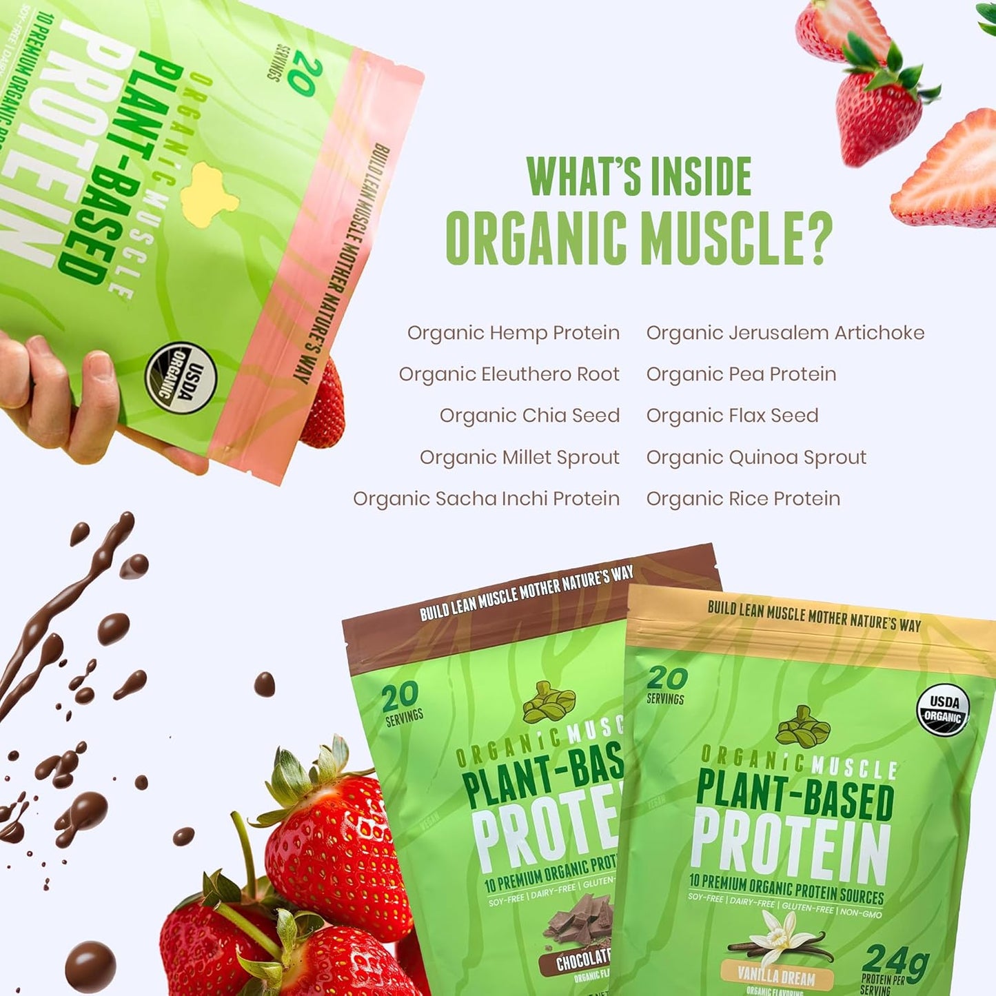 Organic Muscle Vegan Protein Powder - Strawberry Plant Based Protein Blend for Muscle Growth & Recovery - Low Calorie Organic Protein Powder
