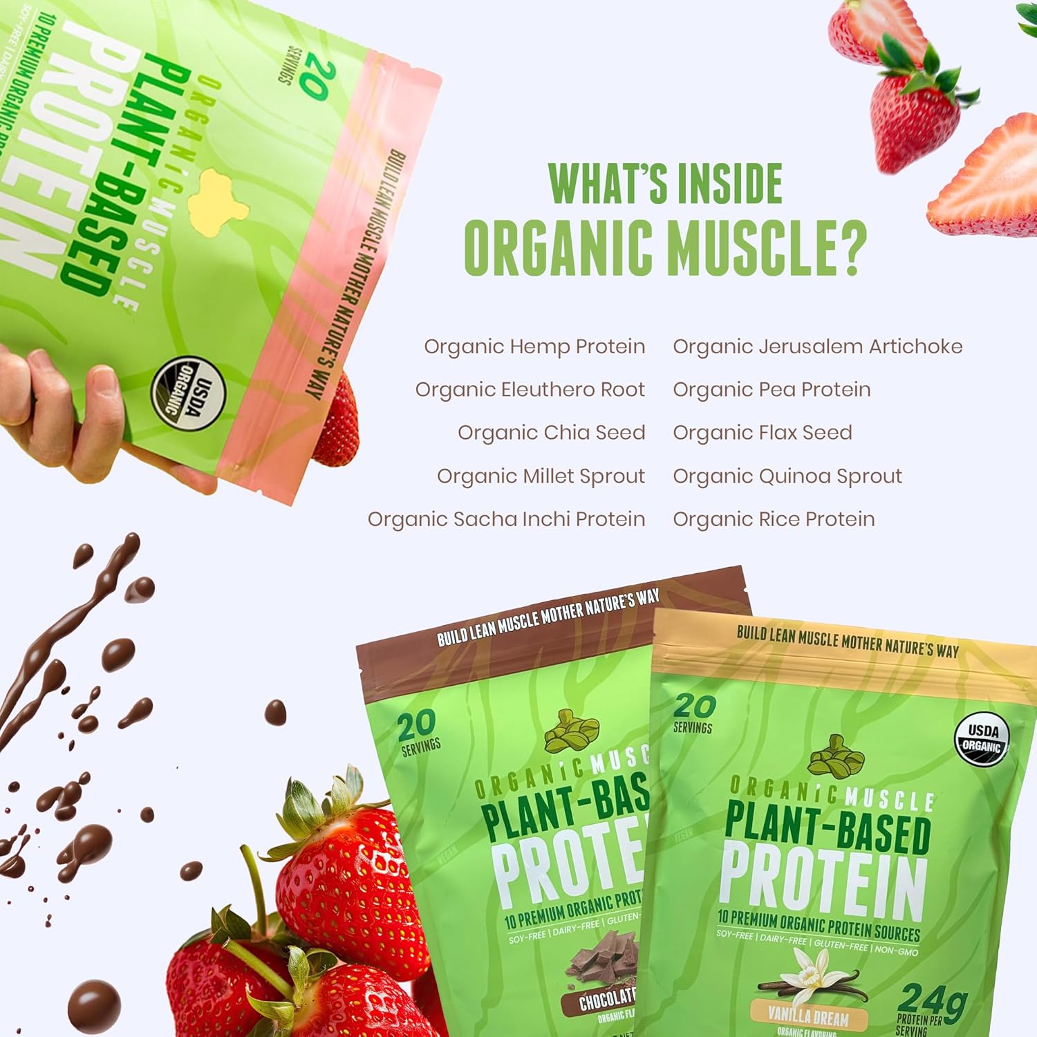Organic Muscle Vegan Protein Powder - Strawberry Plant Based Protein Blend for Muscle Growth & Recovery - Low Calorie Organic Protein Powder