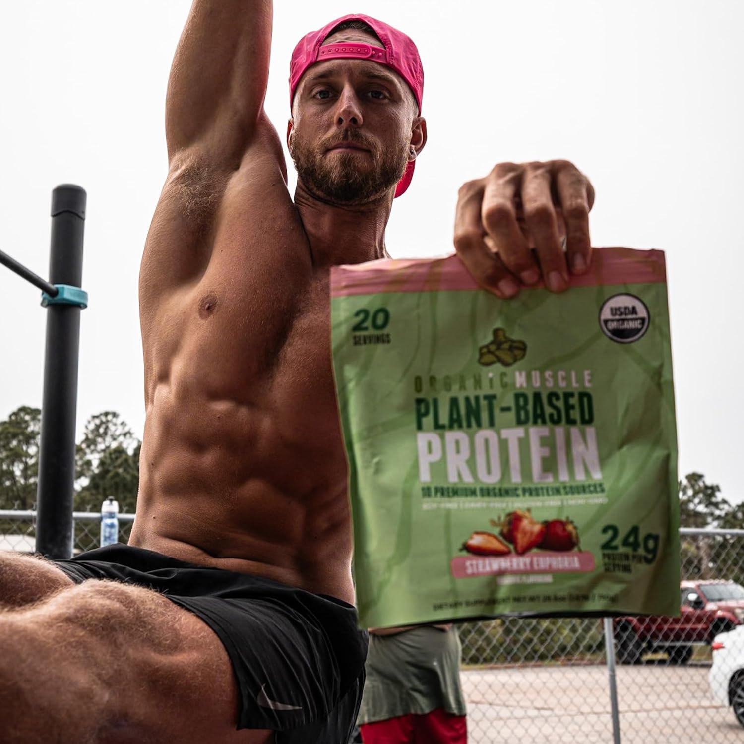 Organic Muscle Vegan Protein Powder - Strawberry Plant Based Protein Blend for Muscle Growth & Recovery - Low Calorie Organic Protein Powder