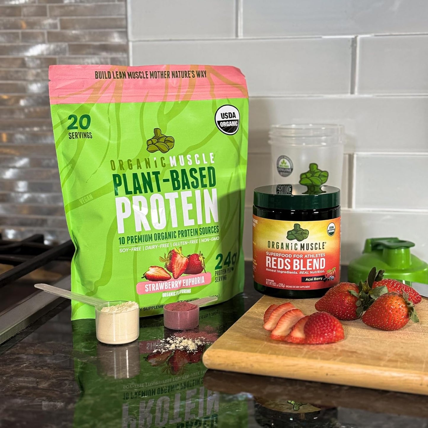 Organic Muscle Vegan Protein Powder - Strawberry Plant Based Protein Blend for Muscle Growth & Recovery - Low Calorie Organic Protein Powder