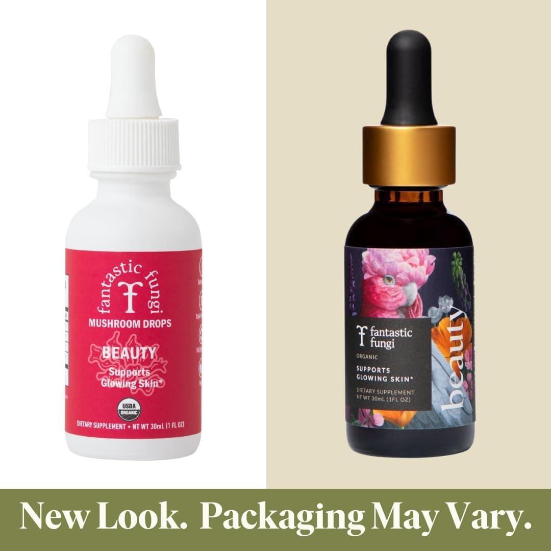 Organic Mushroom Beauty Elixir with Tremella & Chaga Extract - Liquid Drops for Radiant Skin, Hair & Nails - 30 Servings, 1 fl oz