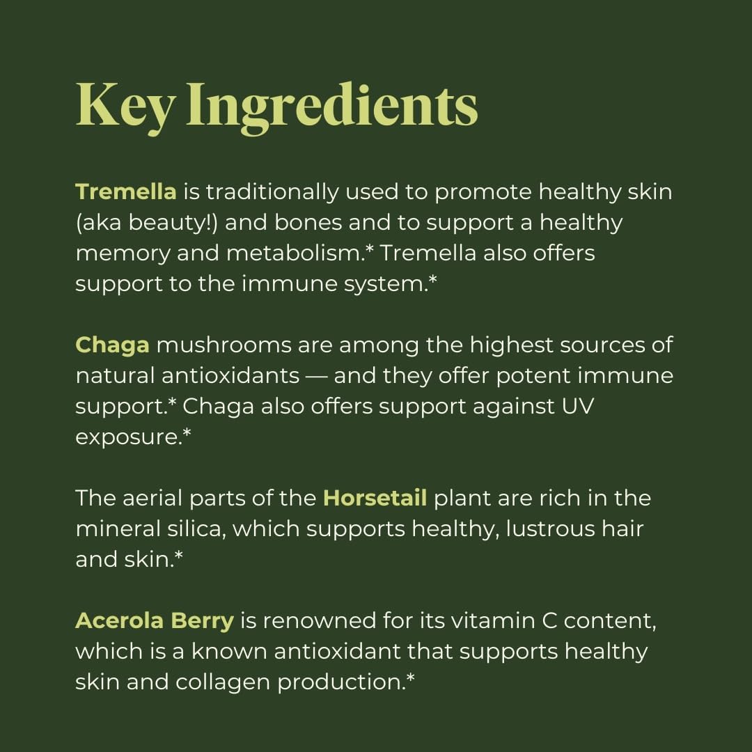 Organic Mushroom Beauty Elixir with Tremella & Chaga Extract - Liquid Drops for Radiant Skin, Hair & Nails - 30 Servings, 1 fl oz